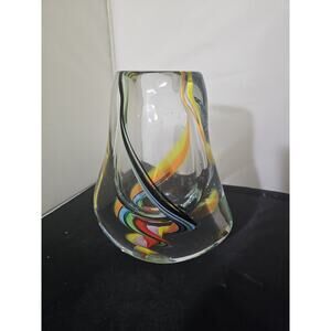 Marble Ribbon Swirls Art Glass Vase Latticino Rainbow 8.5" Murano Style Twist